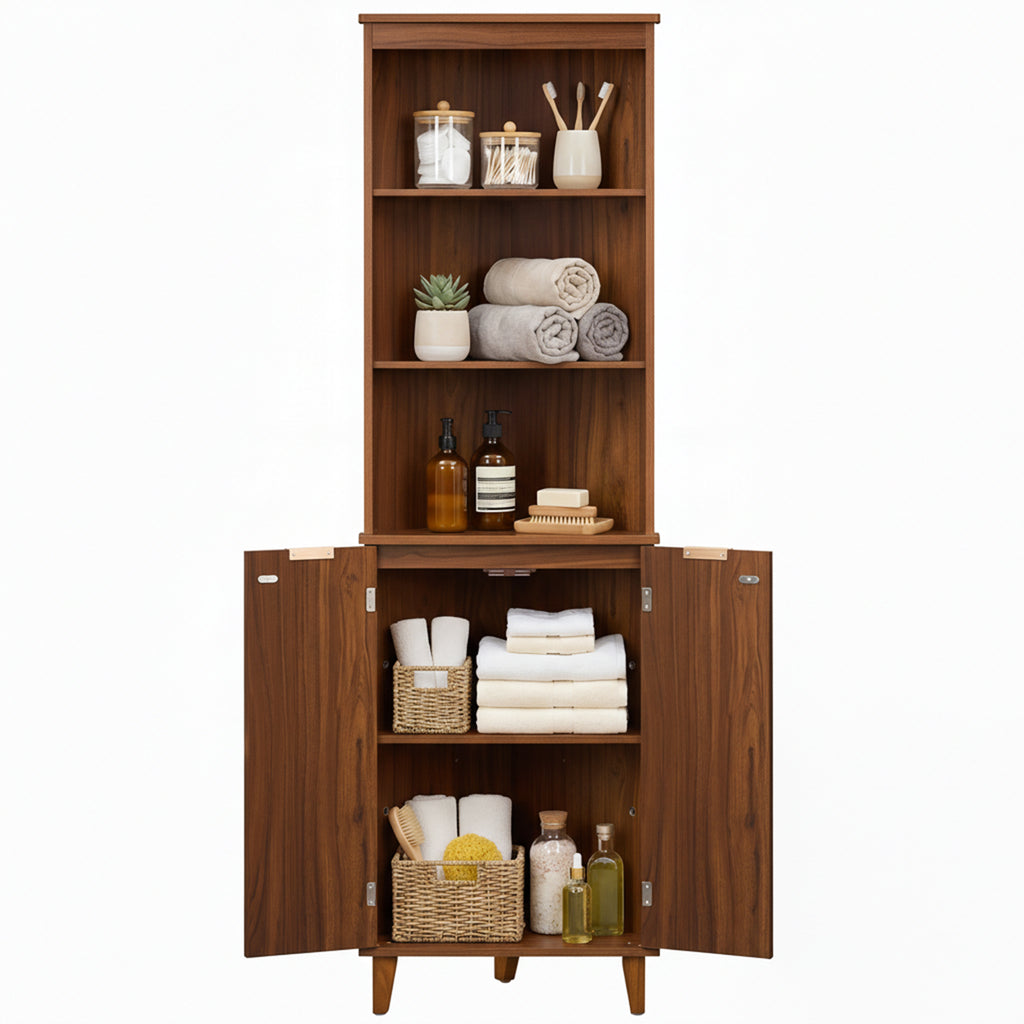 68 Inch Tall Corner Cabinet with Fluted Doors for Bathroom-Walnut