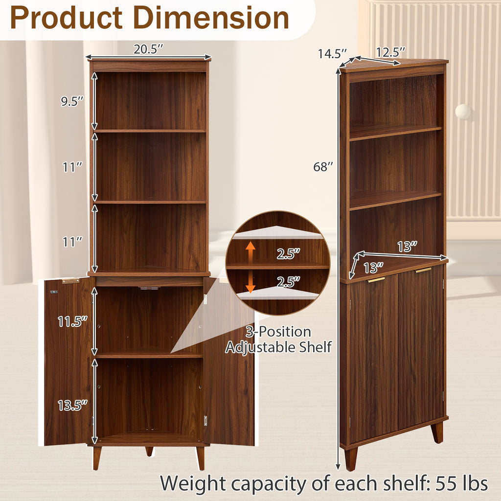 68 Inch Tall Corner Cabinet with Fluted Doors for Bathroom-Walnut