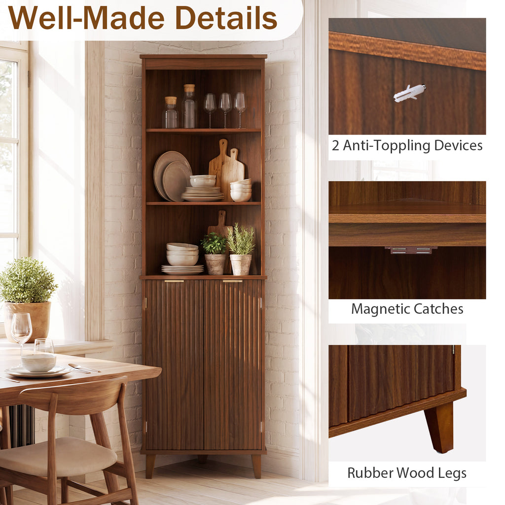 68 Inch Tall Corner Cabinet with Fluted Doors for Bathroom-Walnut