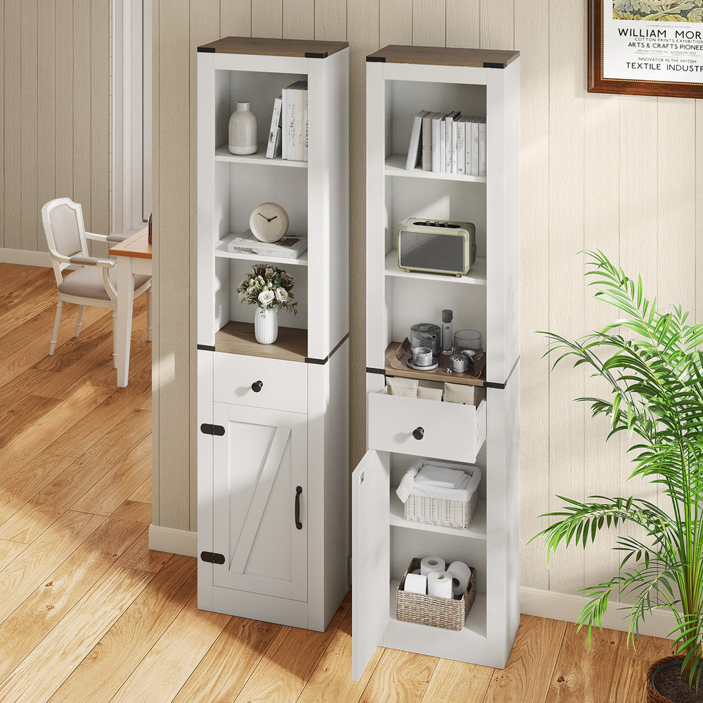 68 inch Tall Bathroom Cabinet with Barn Door Narrow Slim Storage Organizer Unit with Drawer-White