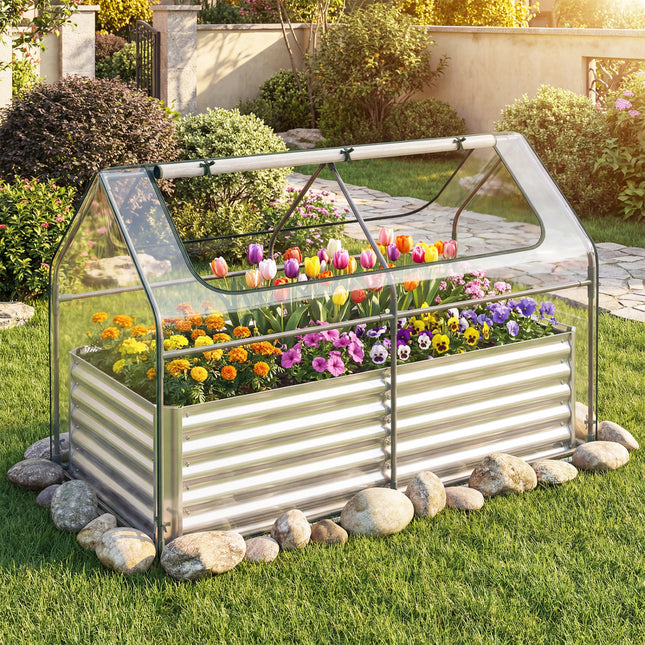68 x 33 x 21 Inch Galvanized Raised Garden Bed with Cover-Silver