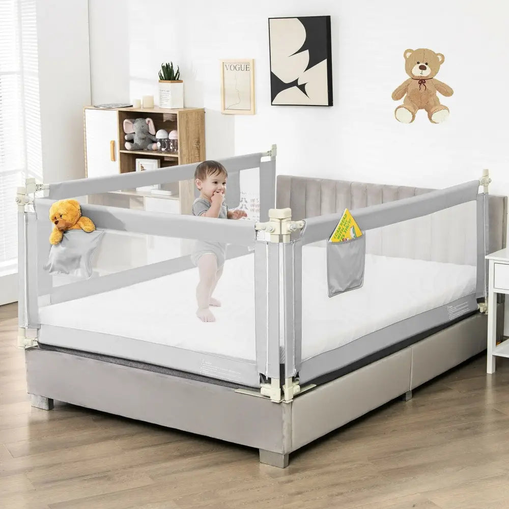 69.5 Inches Toddler Bedrail with Anti-Collision Cotton and Side Pocket-Gray - Gray - Bed Rails