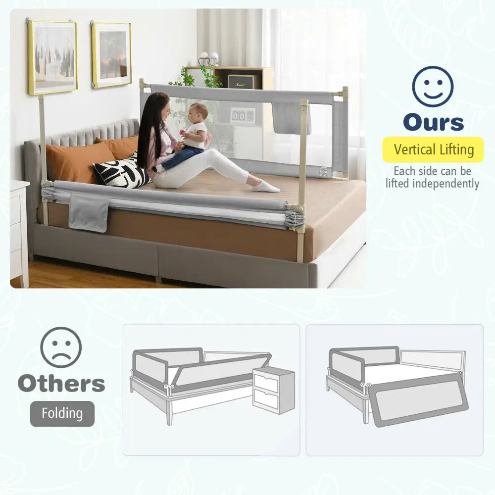 69.5 Inches Toddler Bedrail with Anti-Collision Cotton and Side Pocket-Gray - Gray - Bed Rails