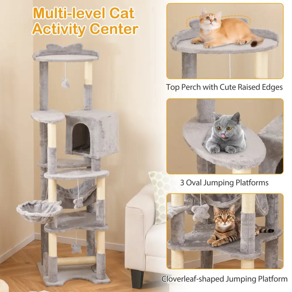 69 Inch Multi-level Cat Tree with Top Perch and Cozy Condo - Gray - Cat Trees Condos & Scratchers