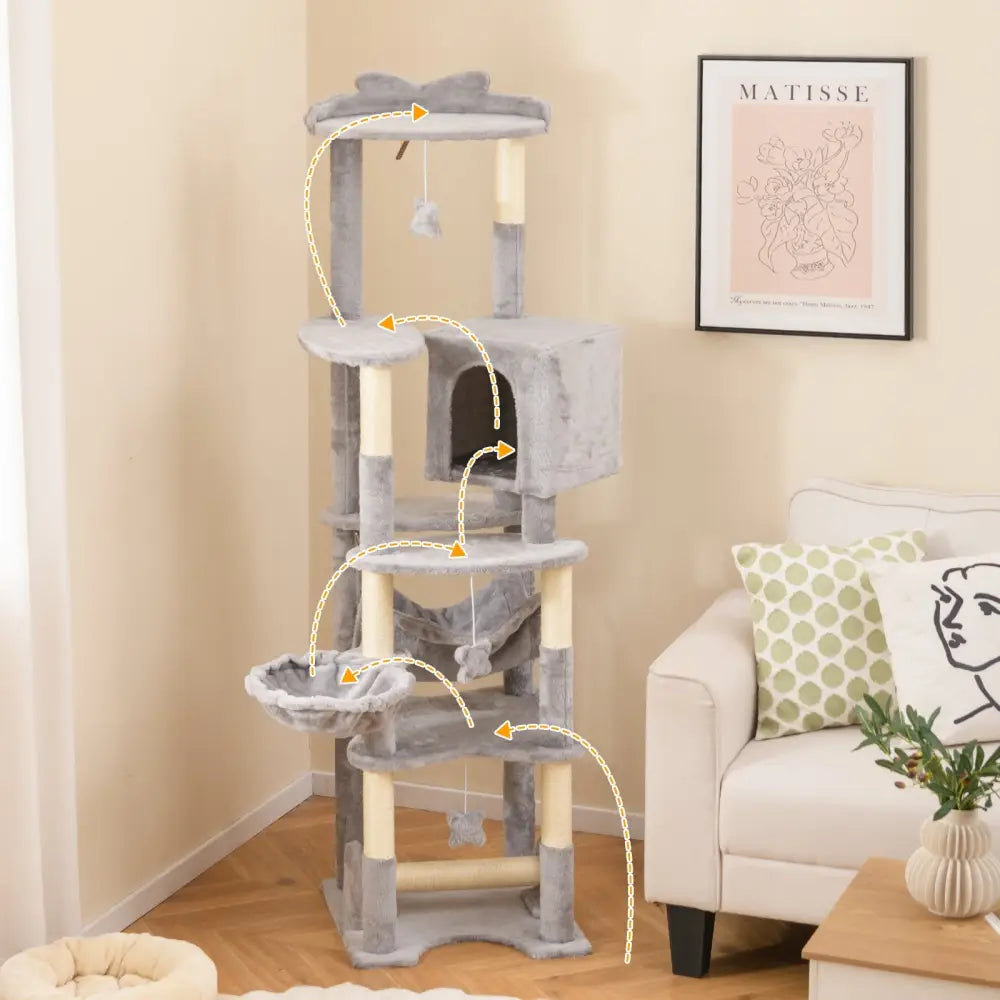 69 Inch Multi-level Cat Tree with Top Perch and Cozy Condo - Gray - Cat Trees Condos & Scratchers