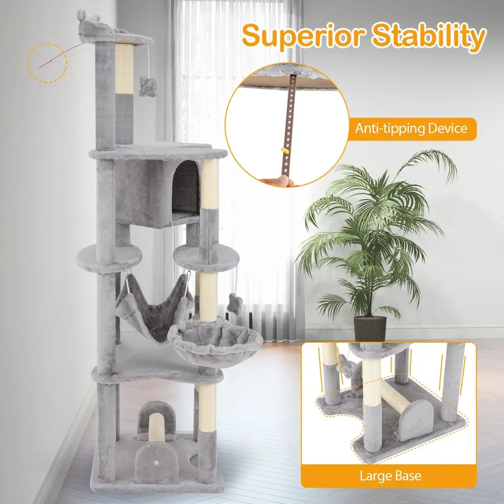 69 Inch Multi-level Cat Tree with Top Perch and Cozy Condo - Gray - Cat Trees Condos & Scratchers