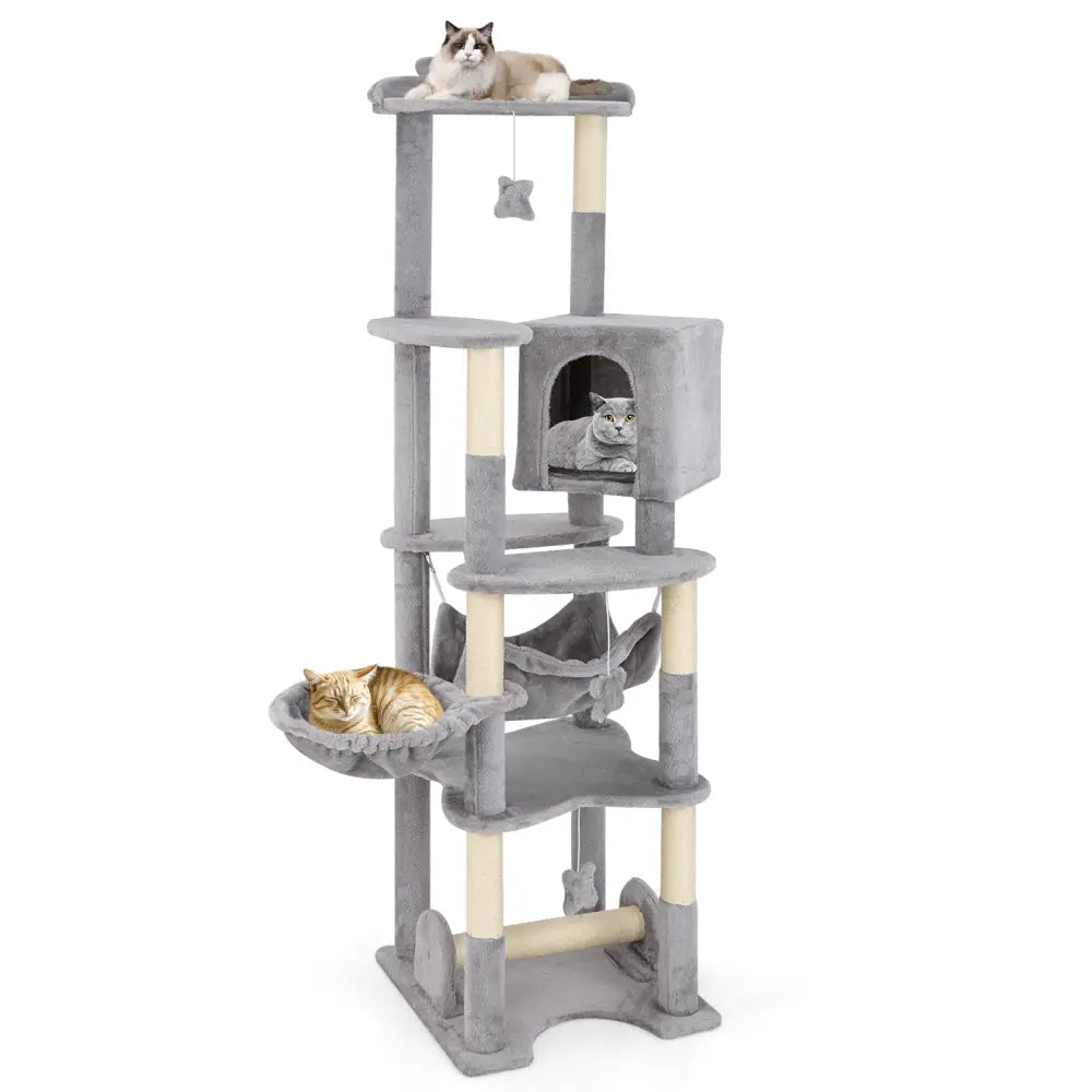 69 Inch Multi-level Cat Tree with Top Perch and Cozy Condo - Gray - Cat Trees Condos & Scratchers