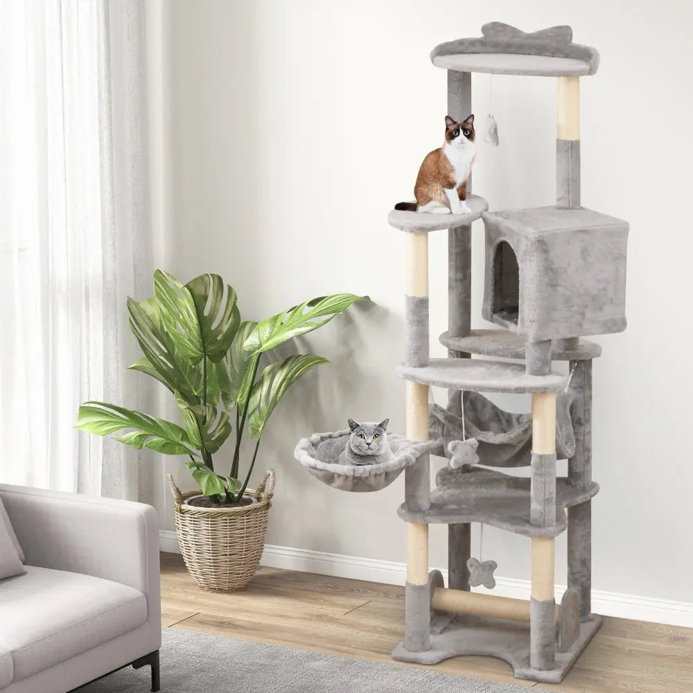 69 Inch Multi-level Cat Tree with Top Perch and Cozy Condo - Gray - Cat Trees Condos & Scratchers