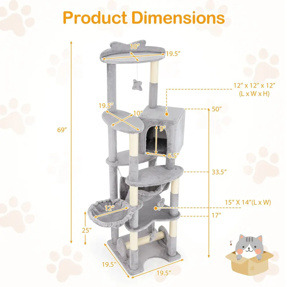 69 Inch Multi-level Cat Tree with Top Perch and Cozy Condo - Gray - Cat Trees Condos & Scratchers
