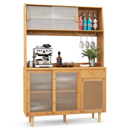 69 Inch Wine Bar Kitchen Cabinet with Sliding Tempered Glass and Rattan Door-Natural - Natural - Sideboards Cabinets &