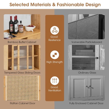 69 Inch Wine Bar Kitchen Cabinet with Sliding Tempered Glass and Rattan Door-Natural - Natural - Sideboards Cabinets &