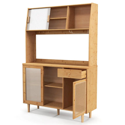 69 Inch Wine Bar Kitchen Cabinet with Sliding Tempered Glass and Rattan Door-Natural - Natural - Sideboards Cabinets &