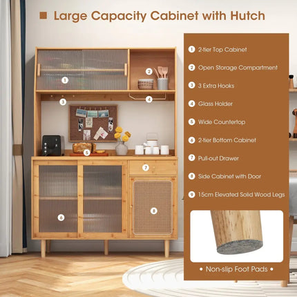 69 Inch Wine Bar Kitchen Cabinet with Sliding Tempered Glass and Rattan Door-Natural - Natural - Sideboards Cabinets &