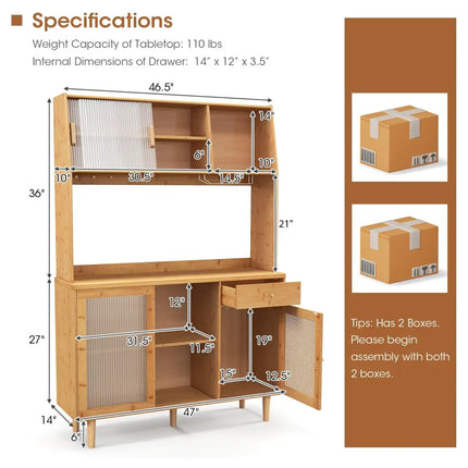 69 Inch Wine Bar Kitchen Cabinet with Sliding Tempered Glass and Rattan Door-Natural - Natural - Sideboards Cabinets &