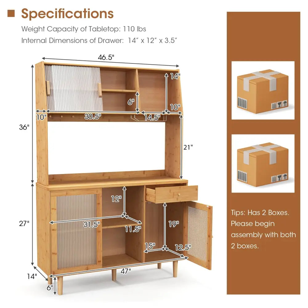 69 Inch Wine Bar Kitchen Cabinet with Sliding Tempered Glass and Rattan Door-Natural - Natural - Sideboards Cabinets &