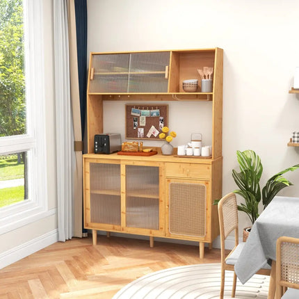 69 Inch Wine Bar Kitchen Cabinet with Sliding Tempered Glass and Rattan Door-Natural - Natural - Sideboards Cabinets &