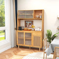 69 Inch Wine Bar Kitchen Cabinet with Sliding Tempered Glass and Rattan Door-Natural - Natural - Sideboards Cabinets &