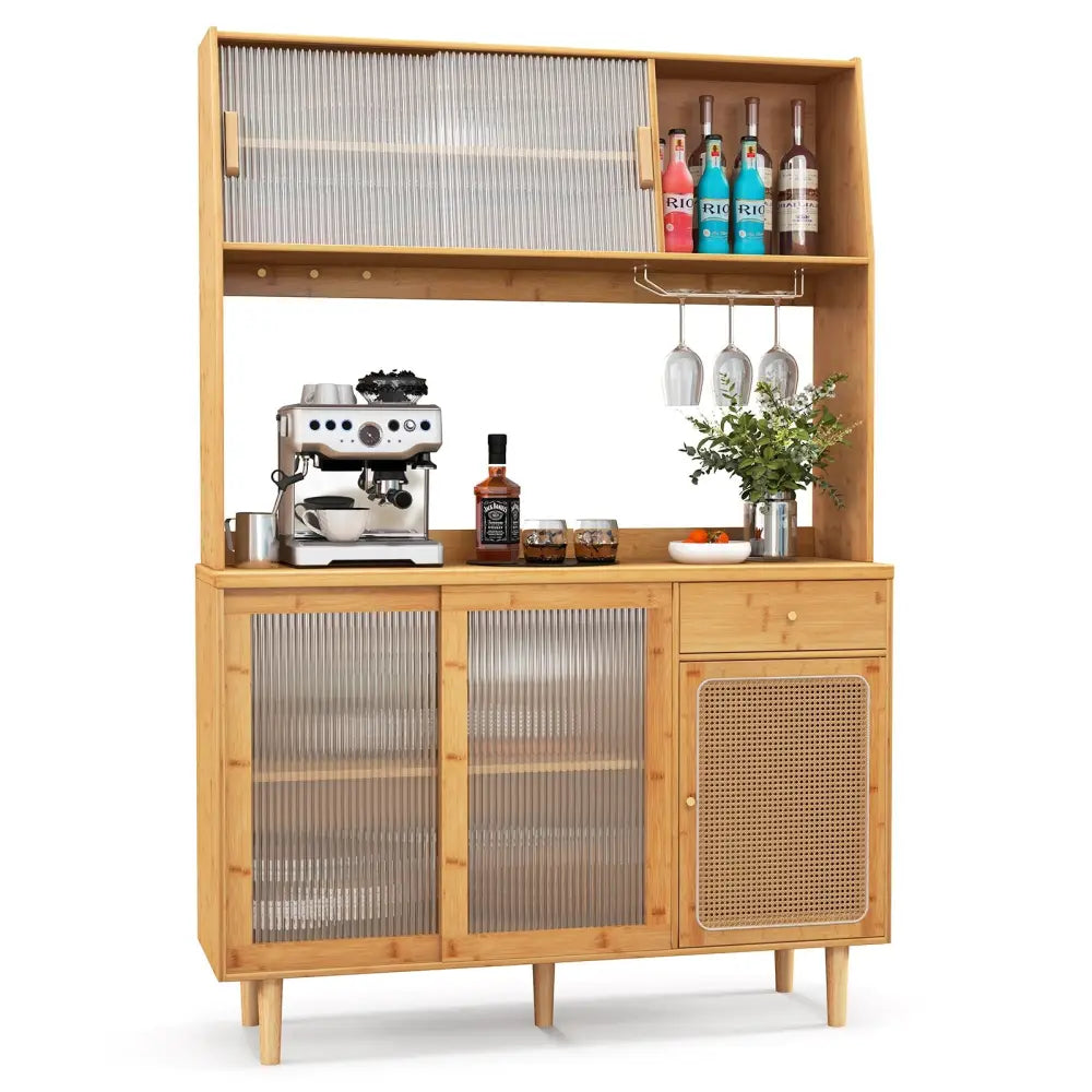 69 Inch Wine Bar Kitchen Cabinet with Sliding Tempered Glass and Rattan Door-Natural - Natural - Sideboards Cabinets &