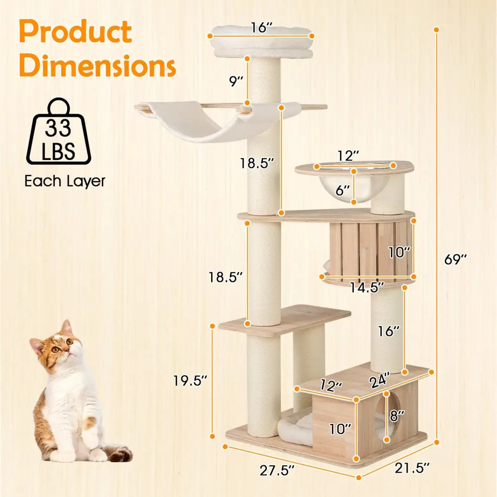 69 Inches Tall Cat Tree with Cozy Top Perch and Washable Plush Cushions - Natural - Cat Trees Condos & Scratchers