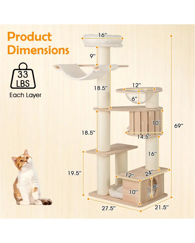 69 Inches Tall Cat Tree with Cozy Top Perch and Washable Plush Cushions - Natural - Cat Trees Condos & Scratchers