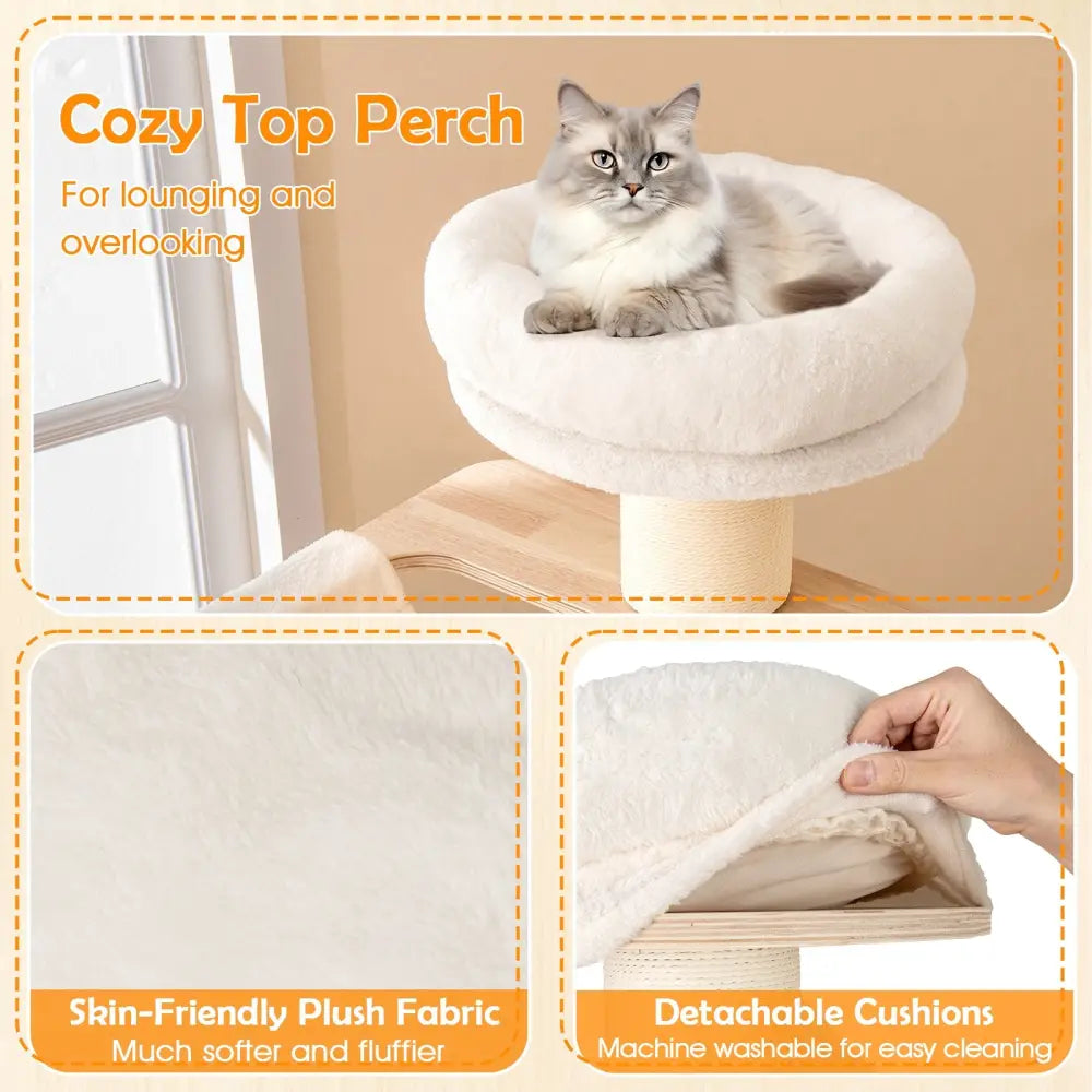 69 Inches Tall Cat Tree with Cozy Top Perch and Washable Plush Cushions - Natural - Cat Trees Condos & Scratchers