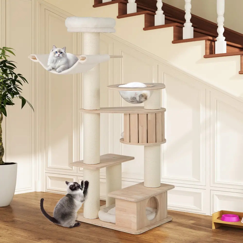 69 Inches Tall Cat Tree with Cozy Top Perch and Washable Plush Cushions - Natural - Cat Trees Condos & Scratchers