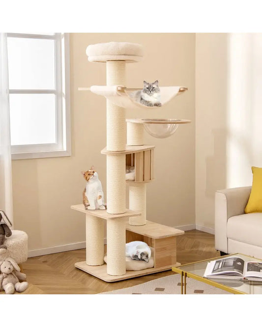69 Inches Tall Cat Tree with Cozy Top Perch and Washable Plush Cushions - Natural - Cat Trees Condos & Scratchers