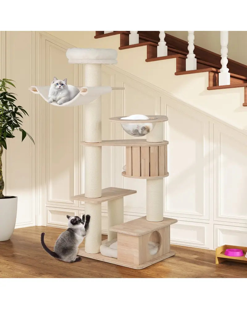 69 Inches Tall Cat Tree with Cozy Top Perch and Washable Plush Cushions - Natural - Cat Trees Condos & Scratchers