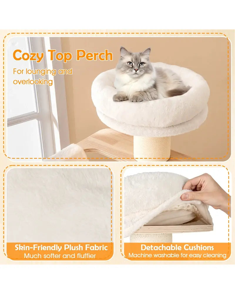 69 Inches Tall Cat Tree with Cozy Top Perch and Washable Plush Cushions - Natural - Cat Trees Condos & Scratchers