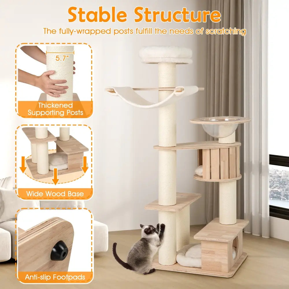 69 Inches Tall Cat Tree with Cozy Top Perch and Washable Plush Cushions - Natural - Cat Trees Condos & Scratchers