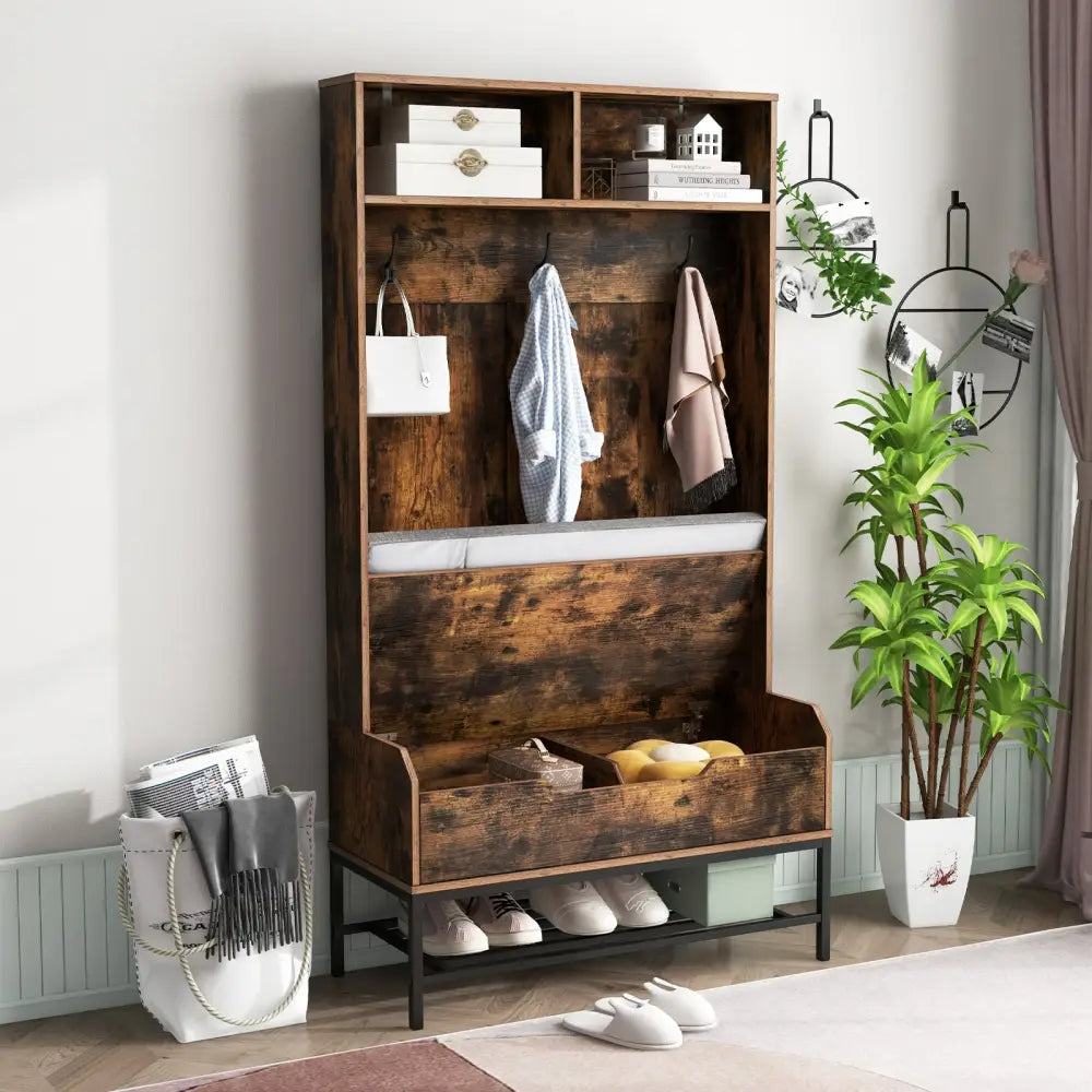 69 Inches Tall Hall Tree 4-in-1 Coat Rack with Seat Cushion and Shoe Storage-Rustic Brown - Rustic Brown - Coat Racks &