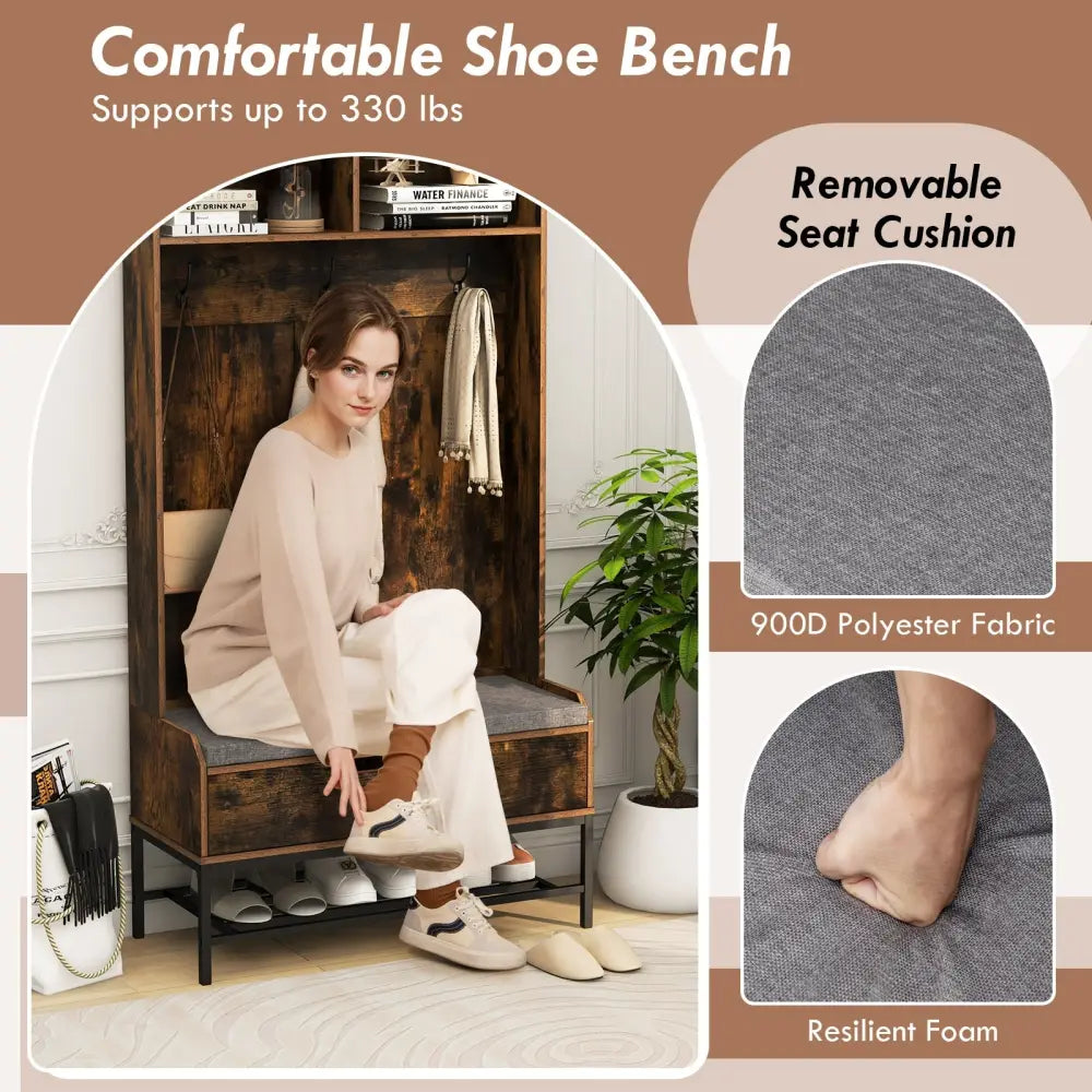 69 Inches Tall Hall Tree 4-in-1 Coat Rack with Seat Cushion and Shoe Storage-Rustic Brown - Rustic Brown - Coat Racks &