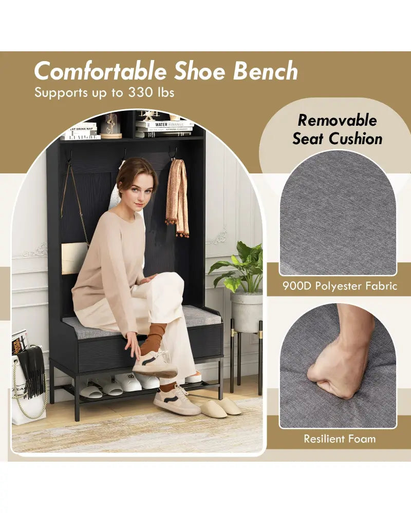 69 Inches Tall Hall Tree 4-in-1 Coat Rack with Seat Cushion and Shoe Storage-Black - Black - Coat Racks & Hall Trees