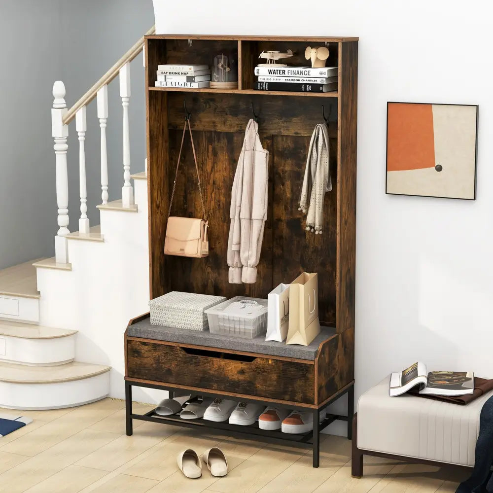 69 Inches Tall Hall Tree 4-in-1 Coat Rack with Seat Cushion and Shoe Storage-Rustic Brown - Rustic Brown - Coat Racks &