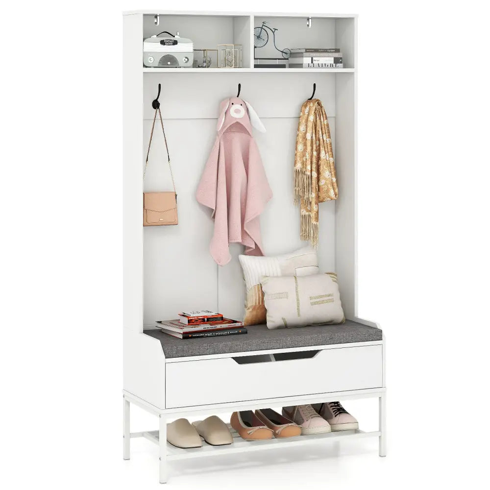 69 Inches Tall Hall Tree 4-in-1 Coat Rack with Seat Cushion and Shoe Storage-White - White - Coat Racks & Hall Trees