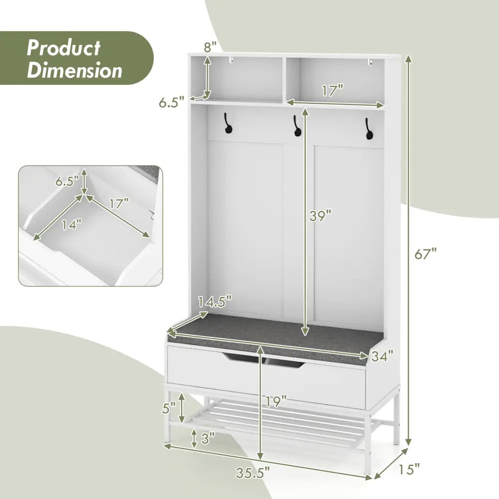 69 Inches Tall Hall Tree 4-in-1 Coat Rack with Seat Cushion and Shoe Storage-White - White - Coat Racks & Hall Trees