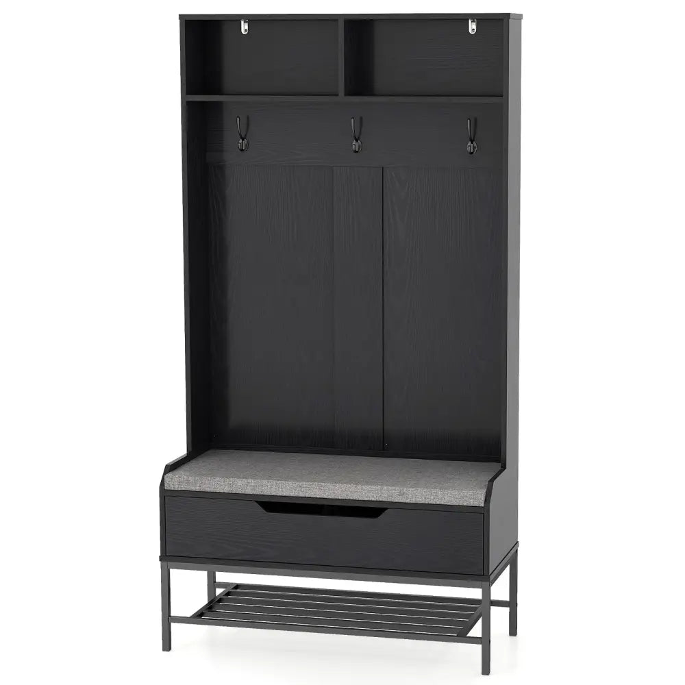 69 Inches Tall Hall Tree 4-in-1 Coat Rack with Seat Cushion and Shoe Storage-Black - Black - Coat Racks & Hall Trees