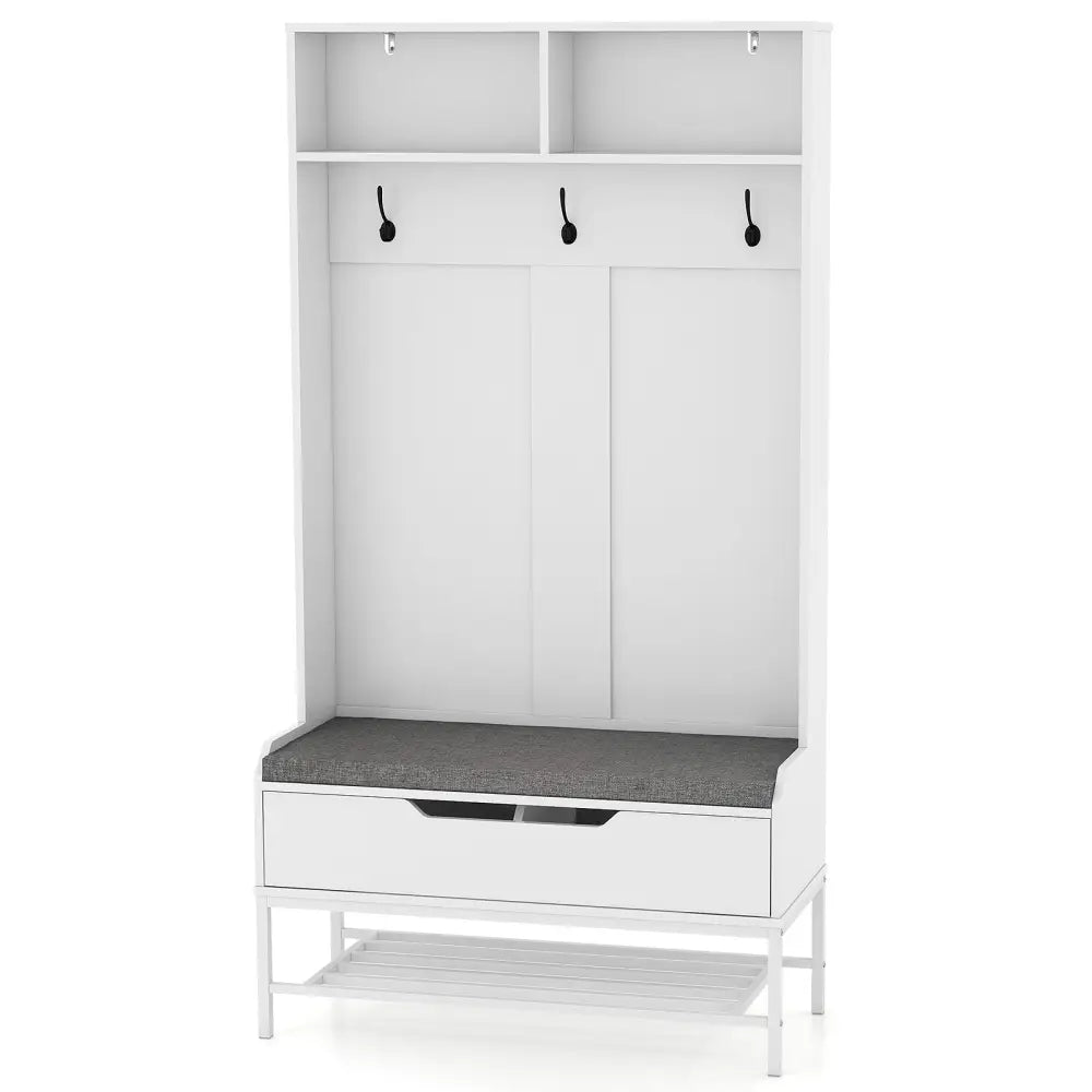 69 Inches Tall Hall Tree 4-in-1 Coat Rack with Seat Cushion and Shoe Storage-White - White - Coat Racks & Hall Trees