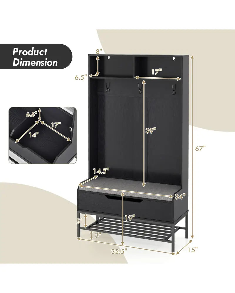 69 Inches Tall Hall Tree 4-in-1 Coat Rack with Seat Cushion and Shoe Storage-Black - Black - Coat Racks & Hall Trees