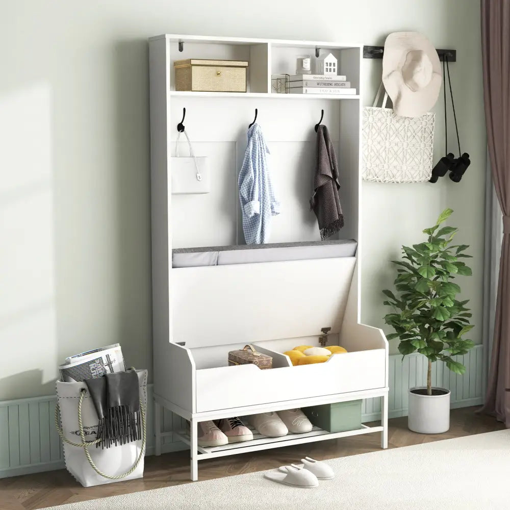 69 Inches Tall Hall Tree 4-in-1 Coat Rack with Seat Cushion and Shoe Storage-White - White - Coat Racks & Hall Trees