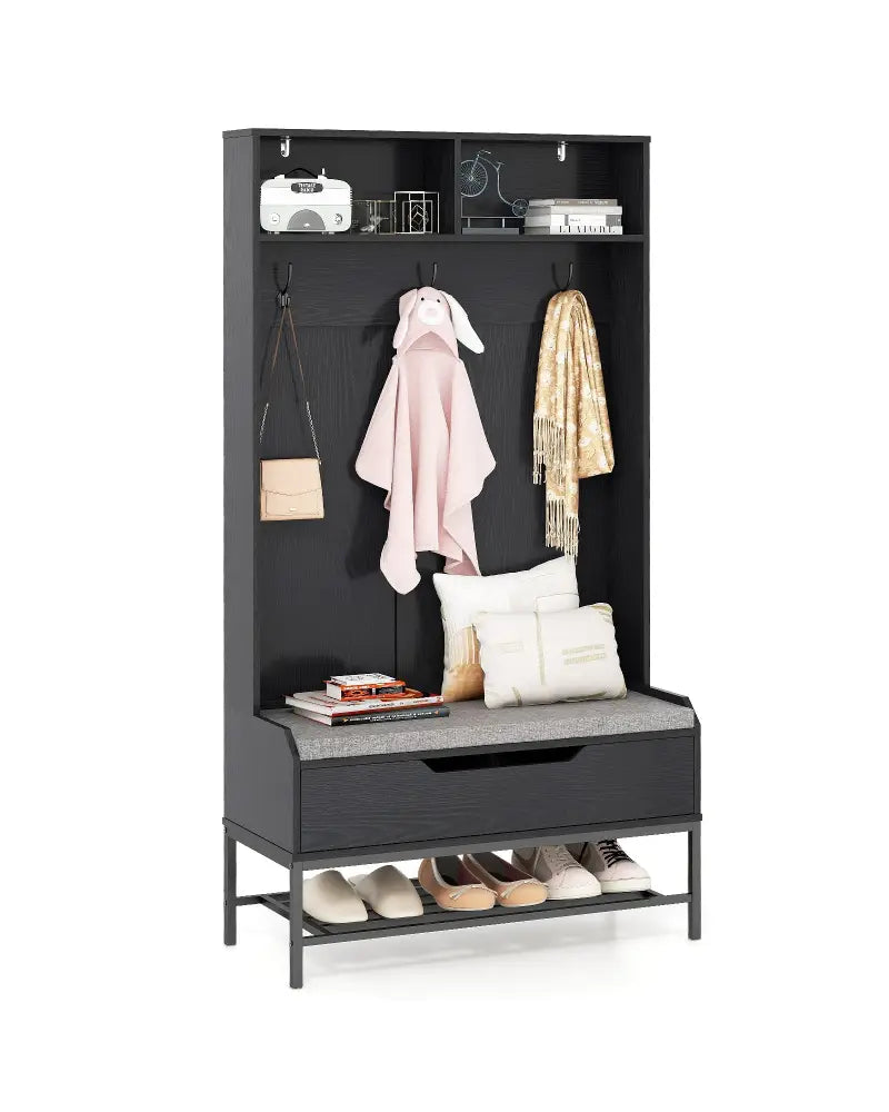 69 Inches Tall Hall Tree 4-in-1 Coat Rack with Seat Cushion and Shoe Storage-Black - Black - Coat Racks & Hall Trees