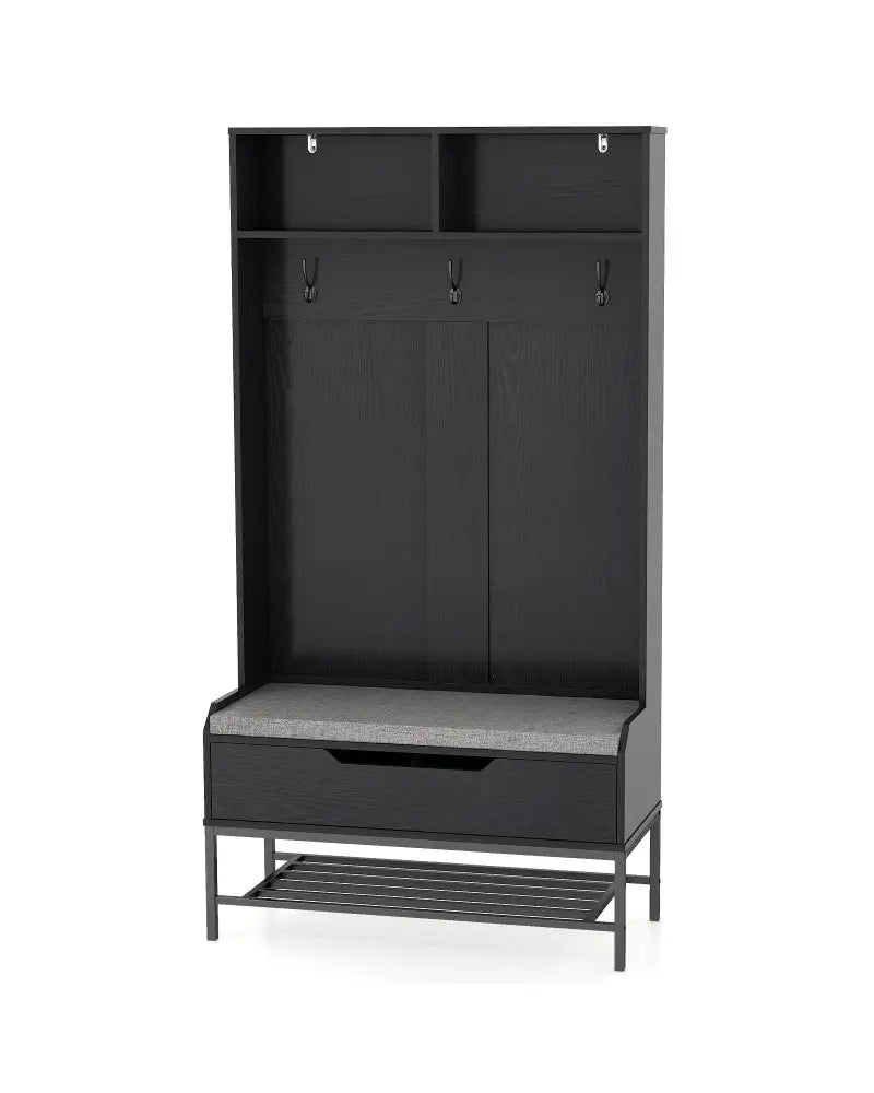 69 Inches Tall Hall Tree 4-in-1 Coat Rack with Seat Cushion and Shoe Storage-Black - Black - Coat Racks & Hall Trees