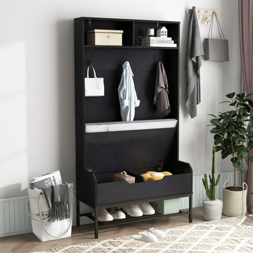 69 Inches Tall Hall Tree 4-in-1 Coat Rack with Seat Cushion and Shoe Storage-Black - Black - Coat Racks & Hall Trees