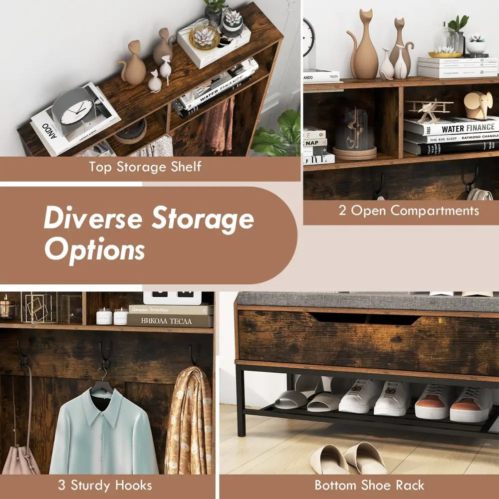 69 Inches Tall Hall Tree 4-in-1 Coat Rack with Seat Cushion and Shoe Storage-Rustic Brown - Rustic Brown - Coat Racks &