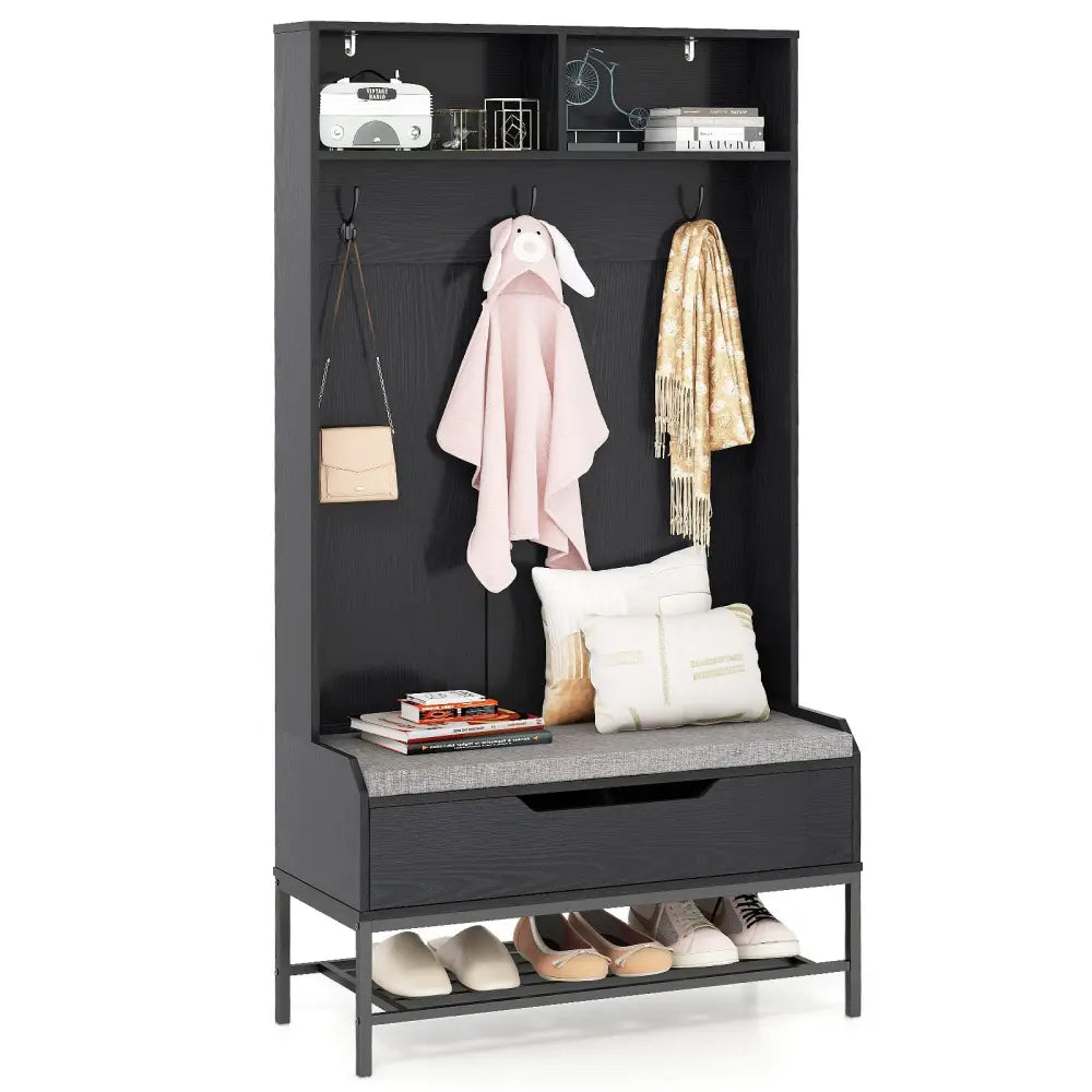 69 Inches Tall Hall Tree 4-in-1 Coat Rack with Seat Cushion and Shoe Storage-Black - Black - Coat Racks & Hall Trees
