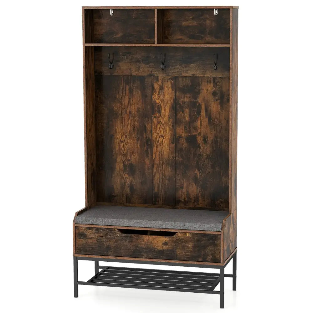 69 Inches Tall Hall Tree 4-in-1 Coat Rack with Seat Cushion and Shoe Storage-Rustic Brown - Rustic Brown - Coat Racks &