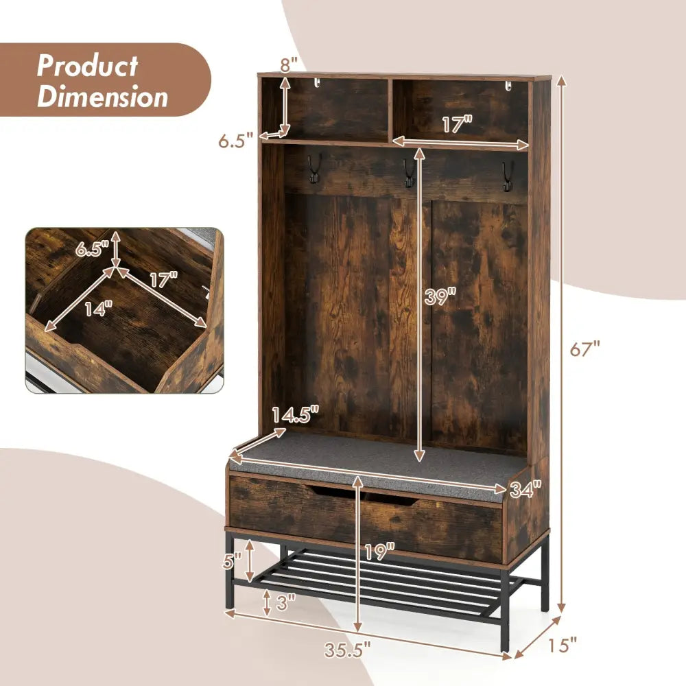 69 Inches Tall Hall Tree 4-in-1 Coat Rack with Seat Cushion and Shoe Storage-Rustic Brown - Rustic Brown - Coat Racks &