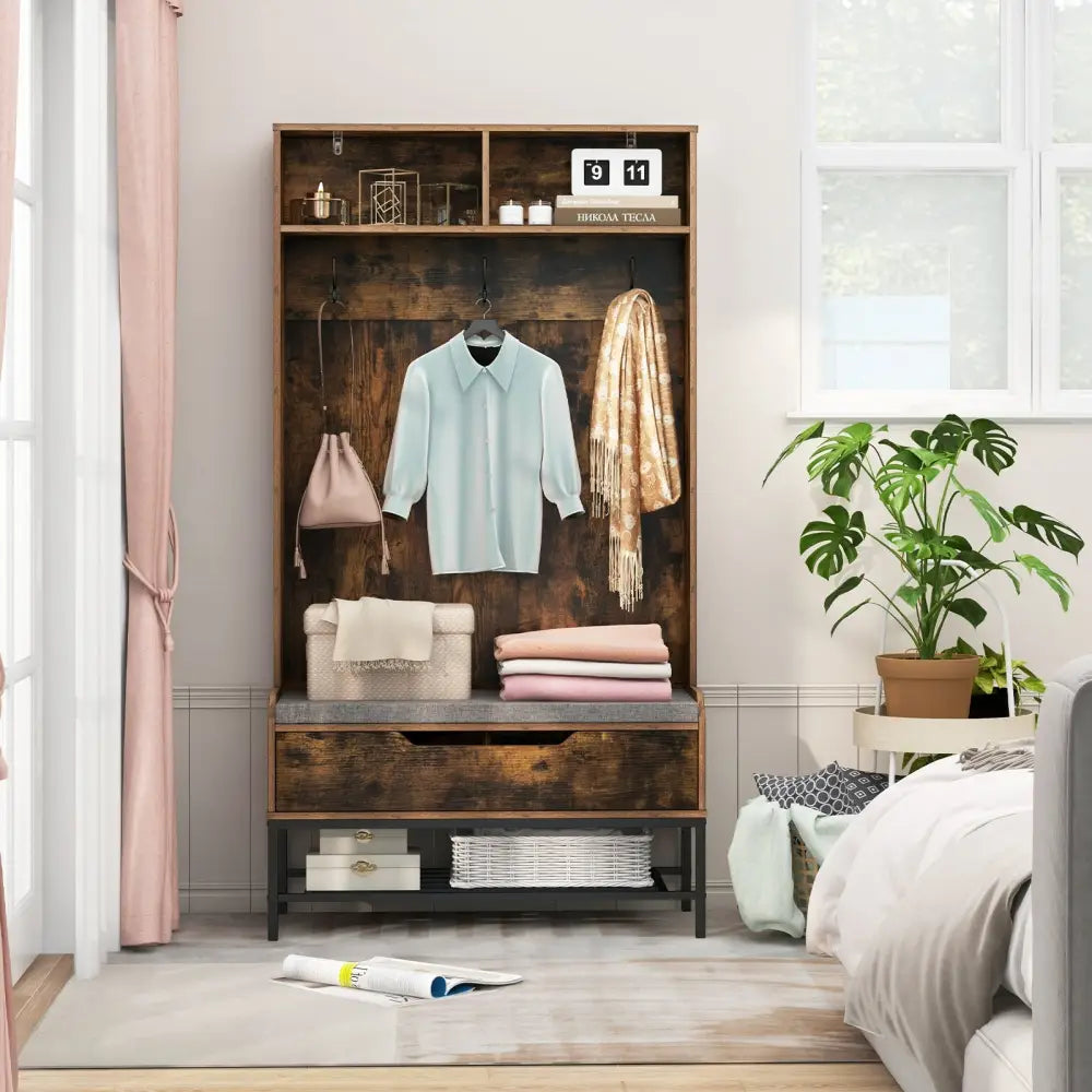 69 Inches Tall Hall Tree 4-in-1 Coat Rack with Seat Cushion and Shoe Storage-Rustic Brown - Rustic Brown - Coat Racks &