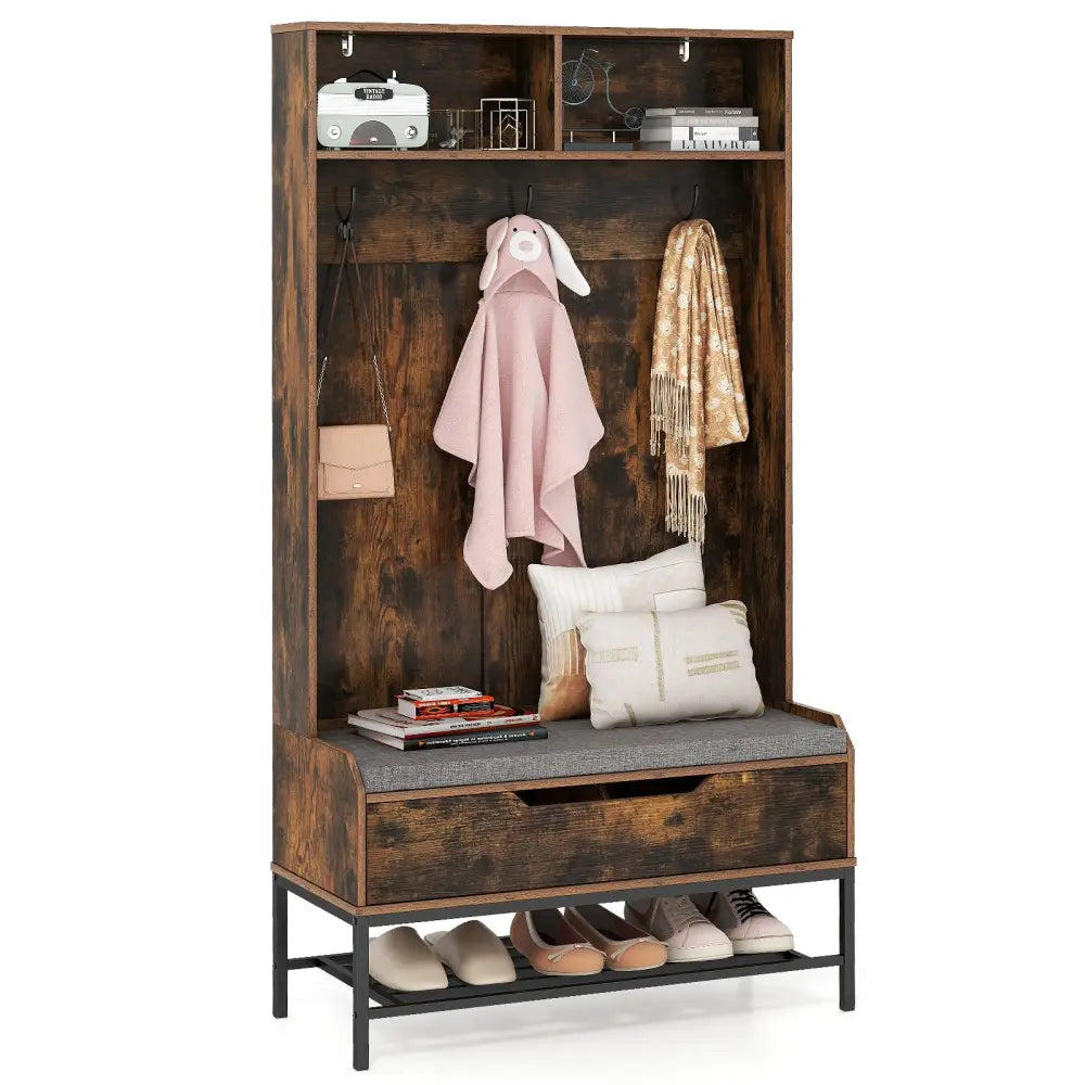 69 Inches Tall Hall Tree 4-in-1 Coat Rack with Seat Cushion and Shoe Storage-Rustic Brown - Rustic Brown - Coat Racks &