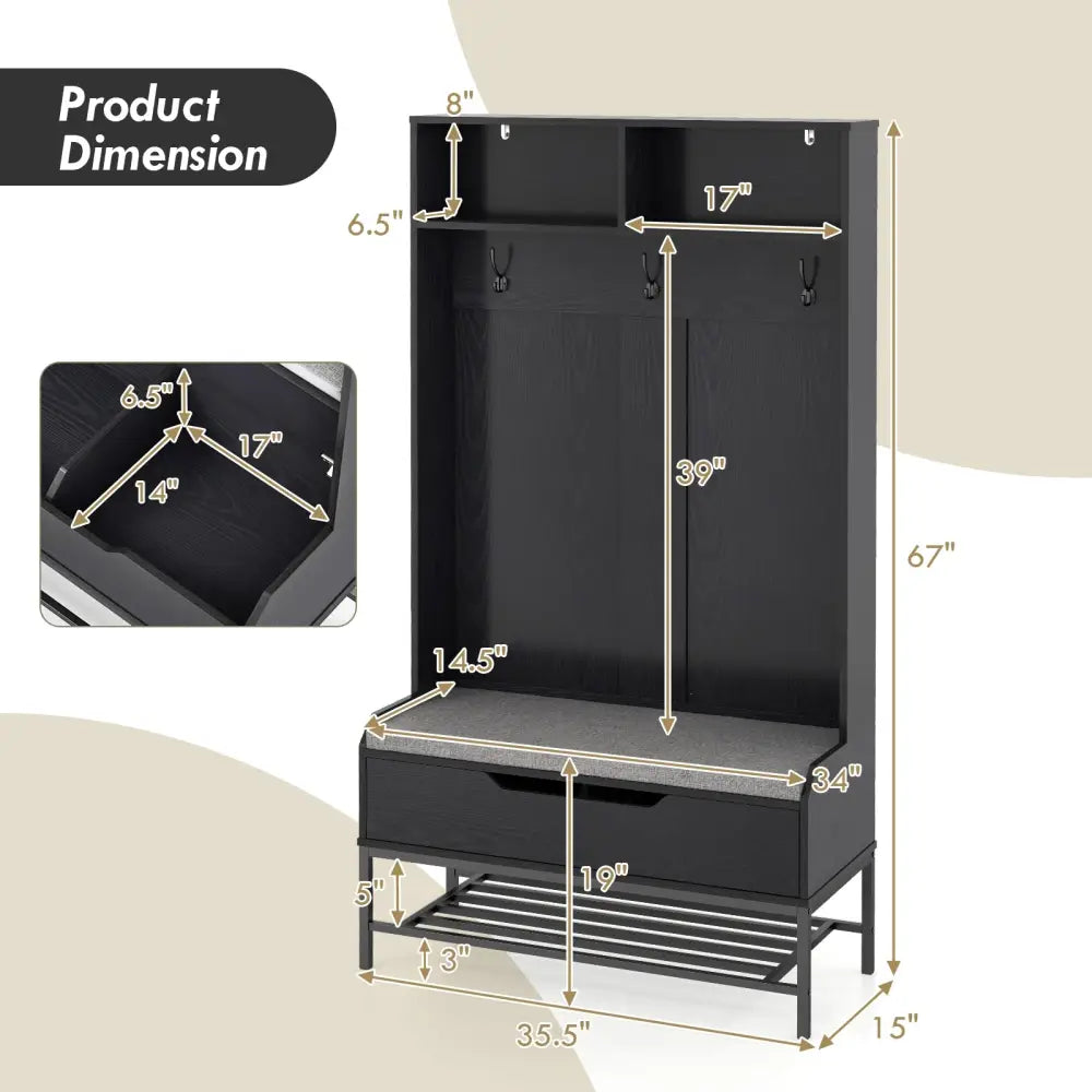 69 Inches Tall Hall Tree 4-in-1 Coat Rack with Seat Cushion and Shoe Storage-Black - Black - Coat Racks & Hall Trees